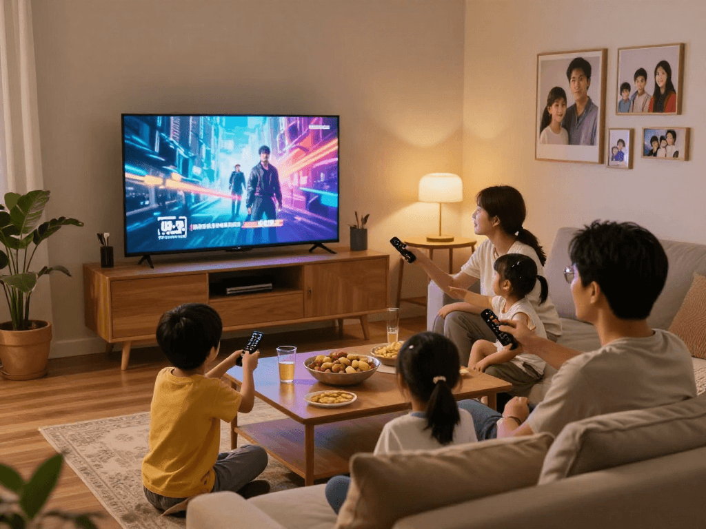 Scène de divertissement à domicile avec une famille profitant de l'Atlas pro ontv dans un salon chaleureux.