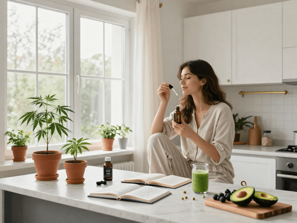 Casino en ligne sans wager : huile CBD d'origine naturelle sur un comptoir moderne, plantes de cannabis et routine bien-être.