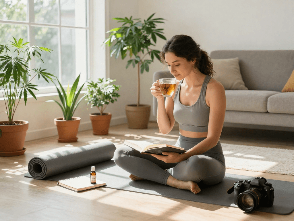 Moment de bien-être avec une femme appréciant du thé infusé au CBD dans un salon lumineux, incorporant des plantes de chanvre, illustrant le casino en ligne sans wager et une routine naturelle.