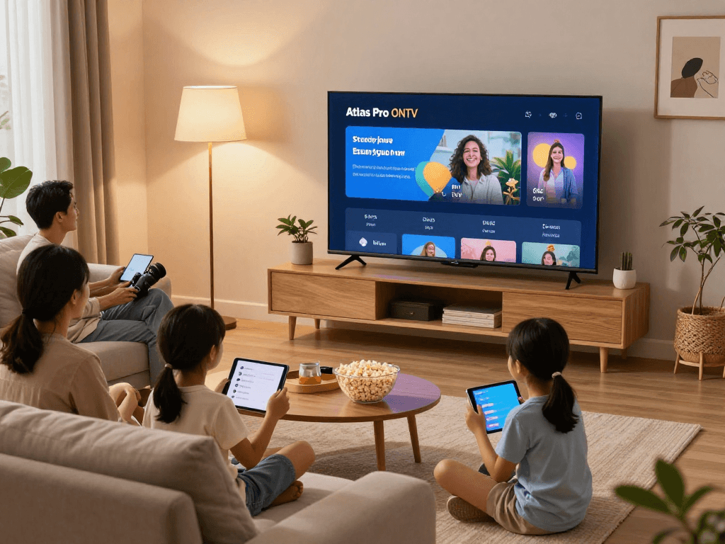 Famille profitant de l'Atlas Pro ONTV dans un salon moderne.