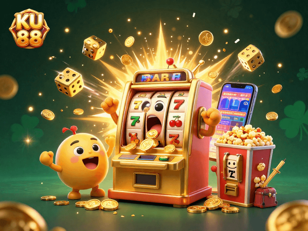 Engage with KU 88's thrill as a golden slot machine hits a jackpot, surrounded by festive casino elements.