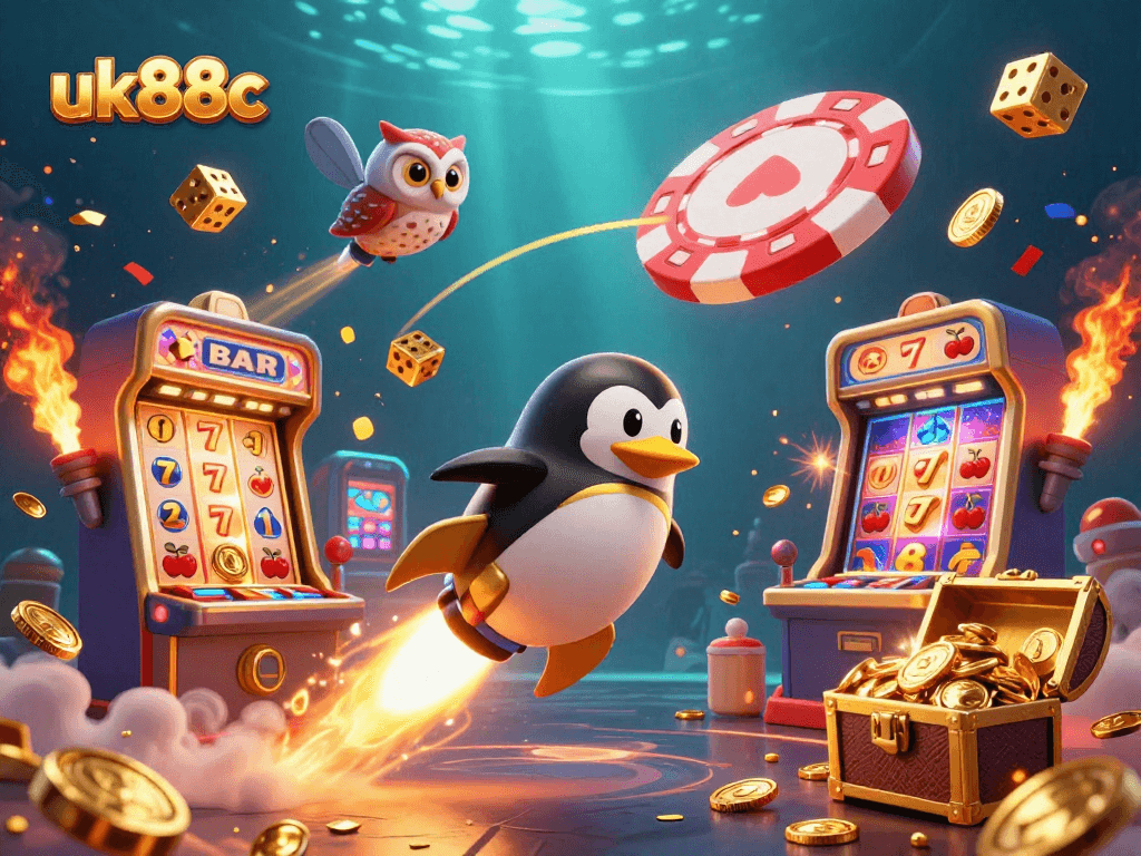 Win big with uk88c as a golden penguin rockets through a colorful casino space, showcasing thrilling gaming elements.