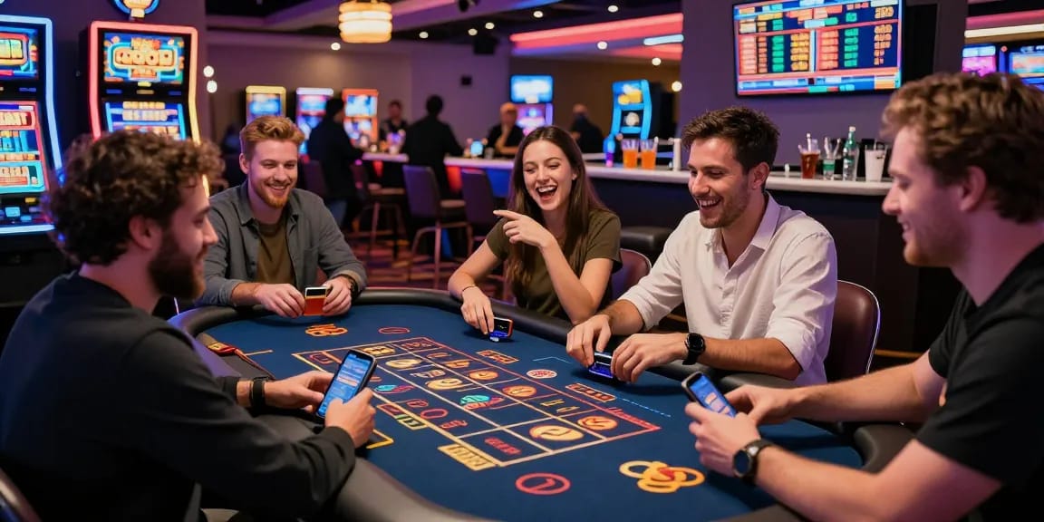 Scène animée de casino français sans KYC avec des joueurs divers engageant aux tables de jeux modernes.
