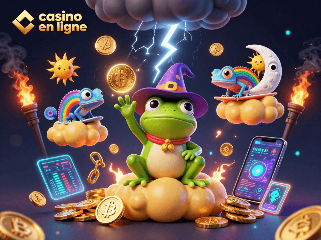 Gagnez de l'argent avec une session de casino en ligne illustrée par des personnages fantastiques et des éléments de cryptomonnaie.