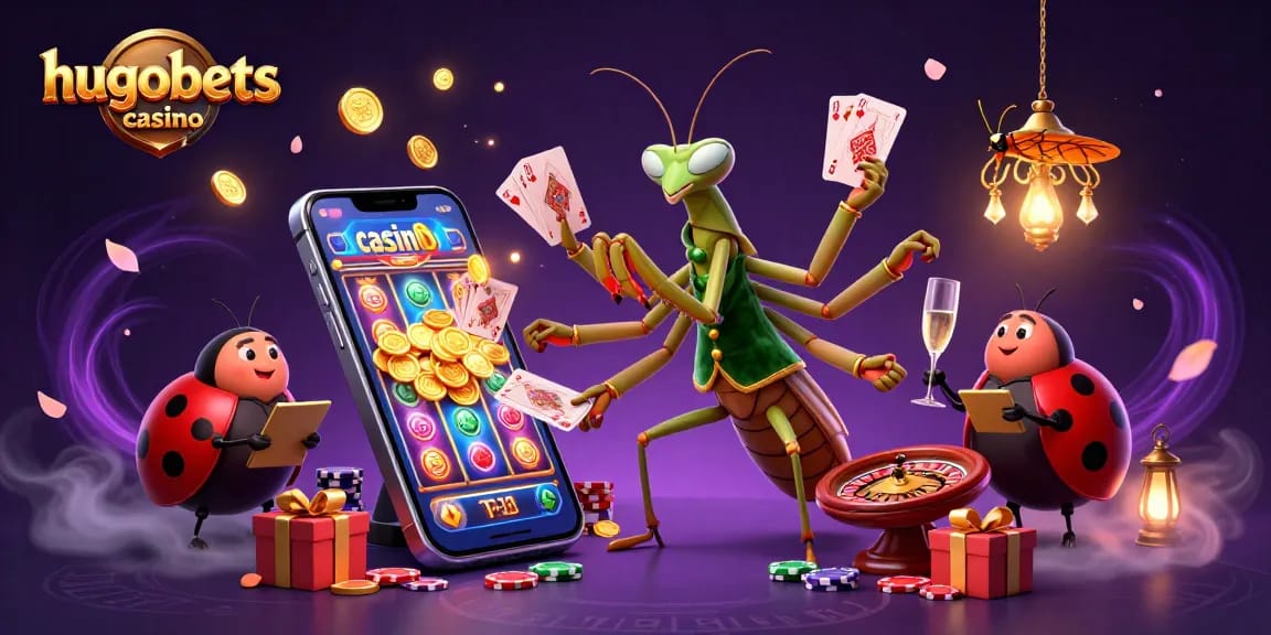 Experience the excitement of hugobets casino with a lively illustration featuring vibrant casino elements.