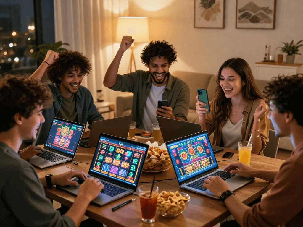 Scène de jeu dans un casino en ligne sans wager, amis célébrant leurs gains sur ordinateurs portables.