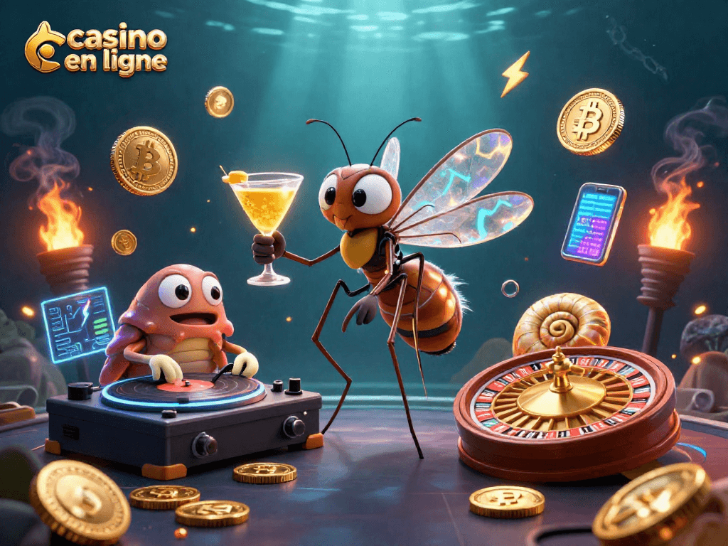 Jouer sur un casino en ligne, avec un logo et des éléments de cryptomonnaies dans un décor vibrant.