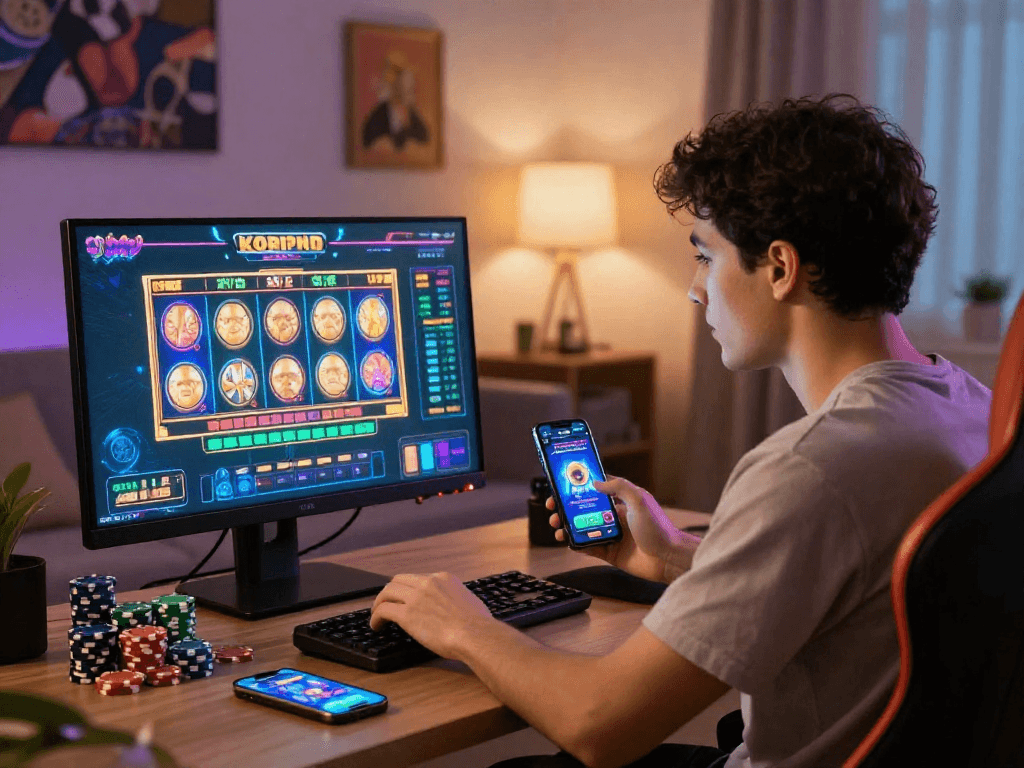 Joueur concentré sur un casino en ligne avec jeux colorés et ambiance chaleureuse.