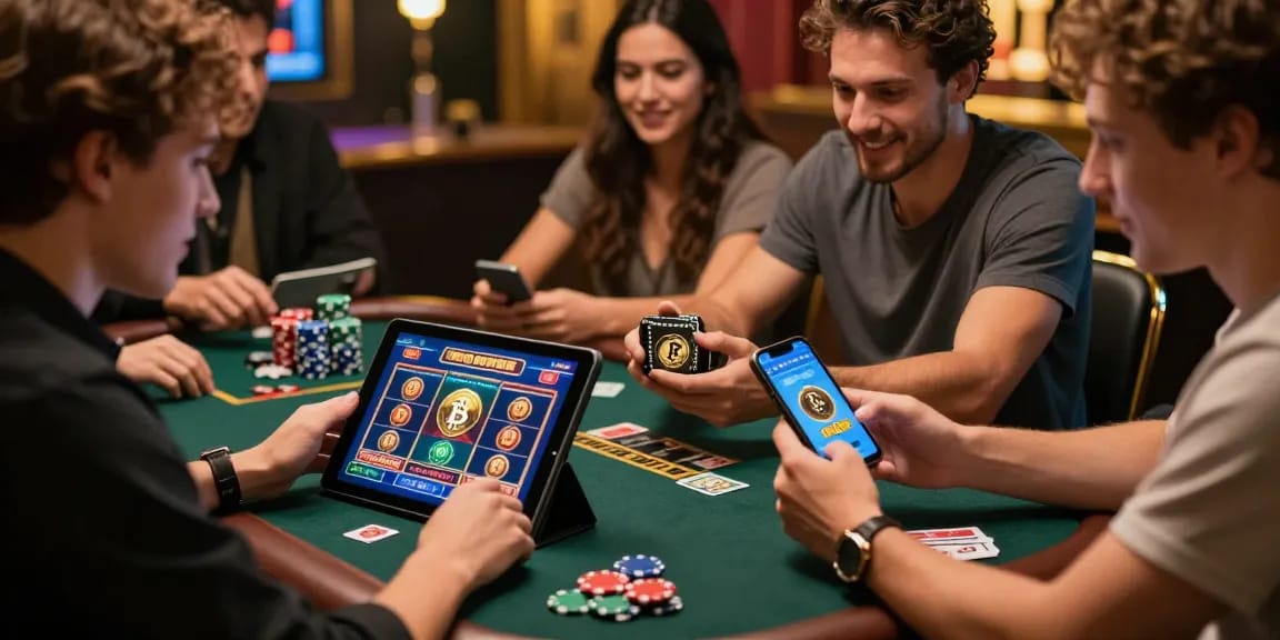 Scène de casino Bitcoin avec un groupe d'amis s'amusant autour d'une table, montrant leurs gains sur des appareils numériques.