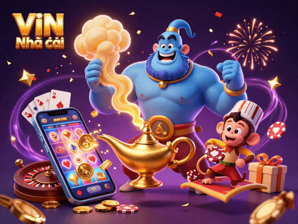 Engage with VIN Nhà cái through a vibrant 3D illustration featuring a majestic genie and casino game elements.