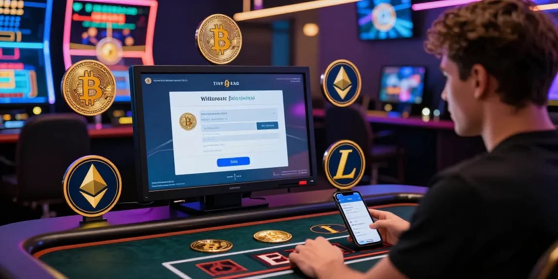 Retrait crypto casino avec un joueur concentré sur un écran de jeu à un bureau moderne, affichant un processus de retrait rapide en cryptomonnaies.