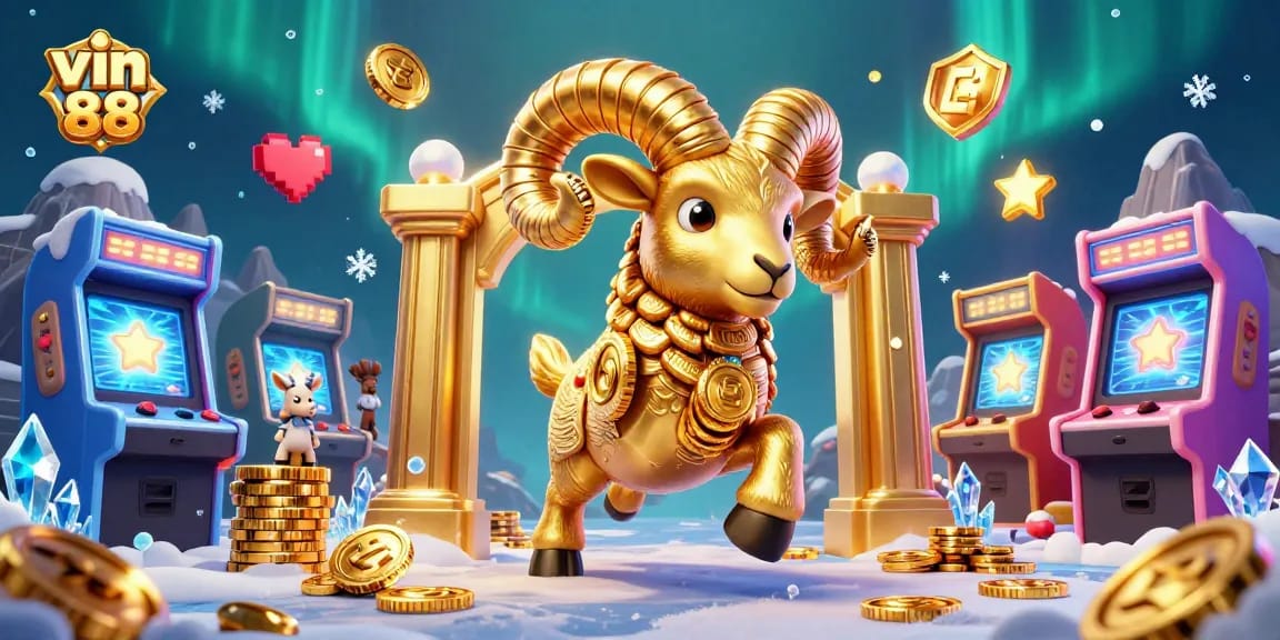 vin 88 unleashes excitement with a golden ram charging through a dynamic casino scene.