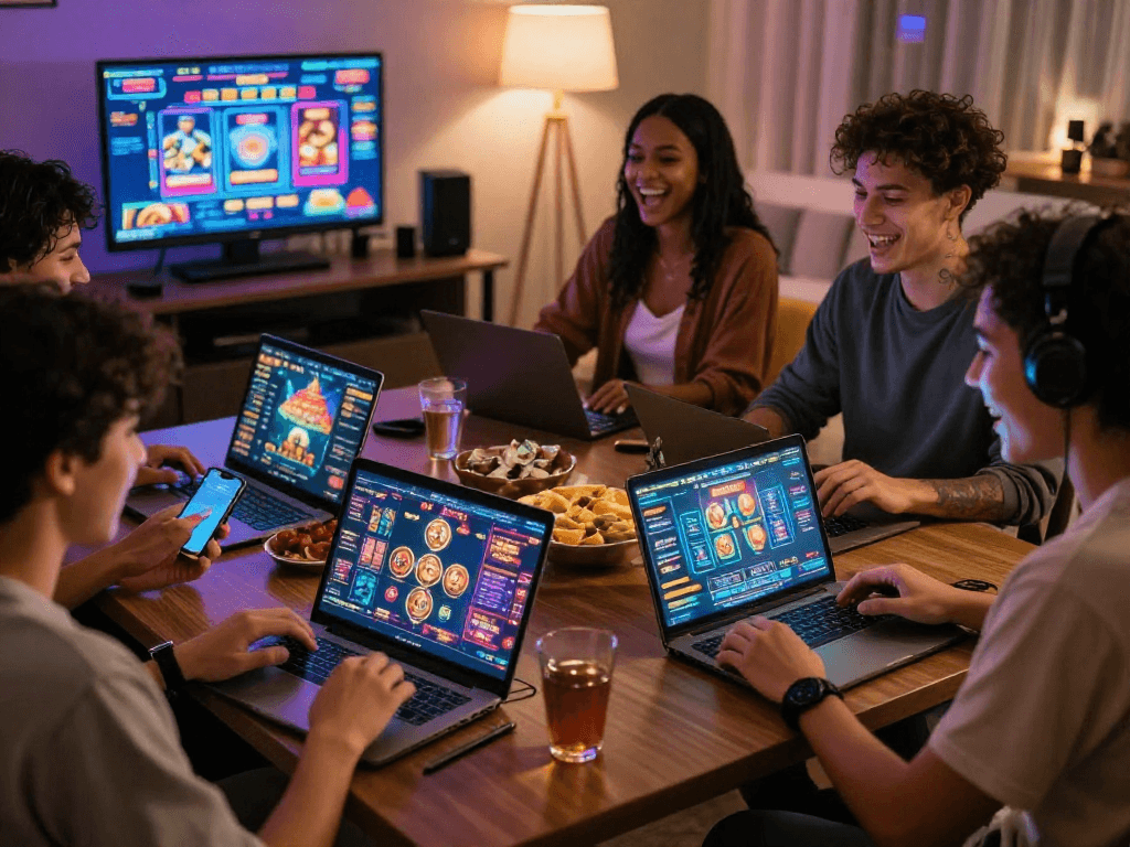 Amis profitant de jeux sur un casino en ligne sur ordinateurs portables et smartphones dans un environnement convivial.