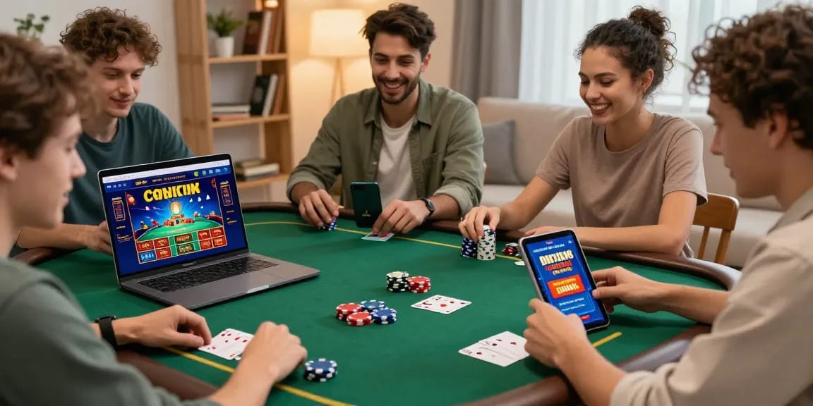 Joueurs expérimentant un casino en ligne sans wager sur leurs appareils, ambiance conviviale et excitante.