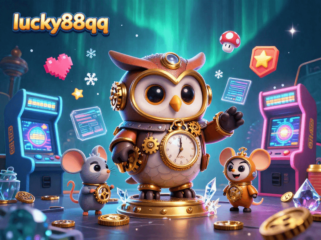 Players can engage with lucky88qq in a vibrant, intricate casino gaming scene featuring steampunk elements.
