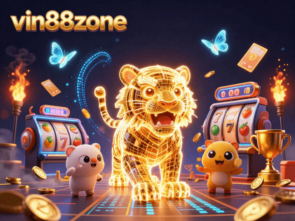Experience the excitement of vin88zone with a golden tiger and vibrant slot elements in this dynamic casino scene.