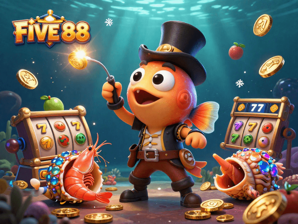 Engage with the FIVE 88 casino experience alongside vibrant and whimsical characters in an exciting underwater scene.