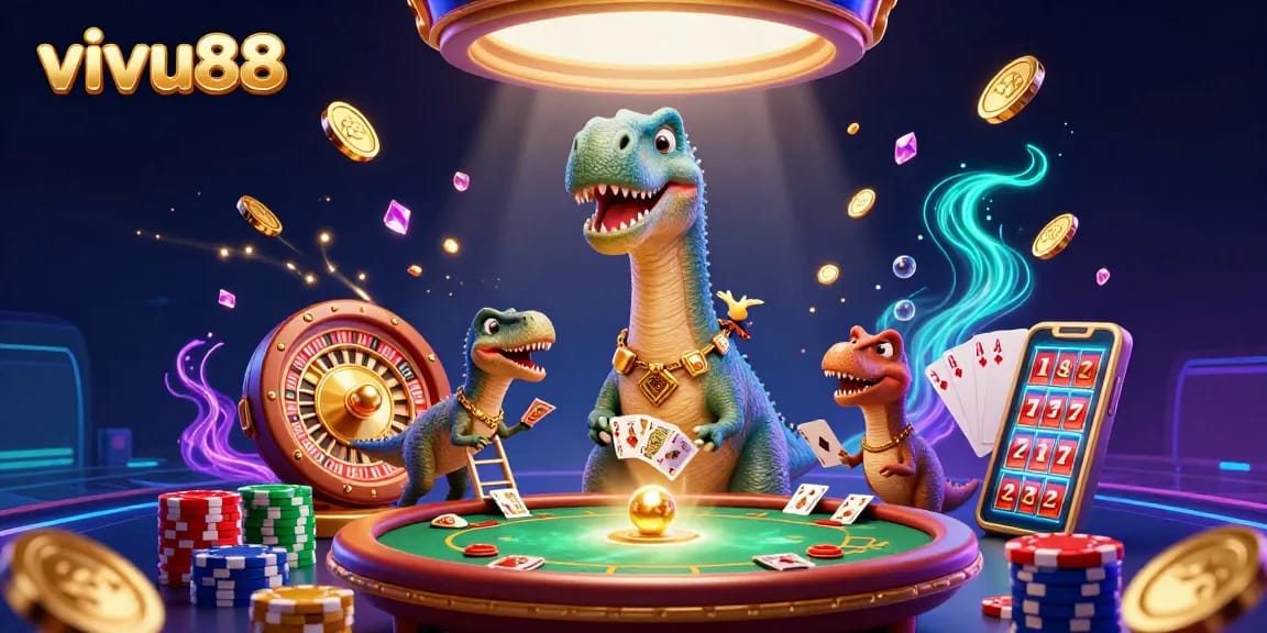 Experience the excitement of vivu88 as a giant brontosaurus oversees a thrilling casino game scene with sparkling treasures.