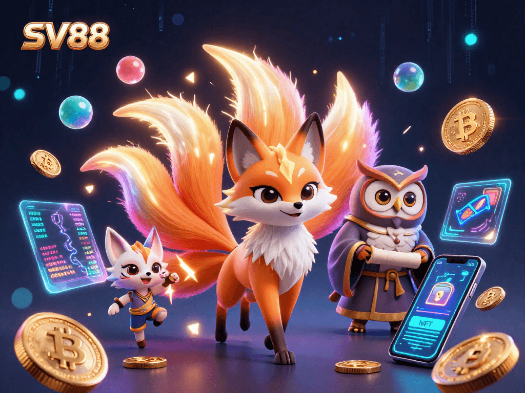 Experience SV88's vibrant casino atmosphere with glowing spirits and crypto elements.