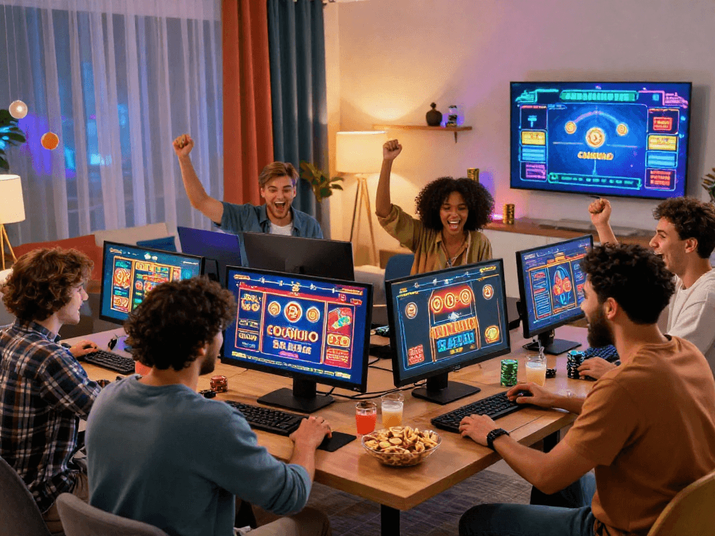 Des amis jouant à des jeux de casino en ligne dans un salon accueillant, ambiance festive avec des célébrations de gains.