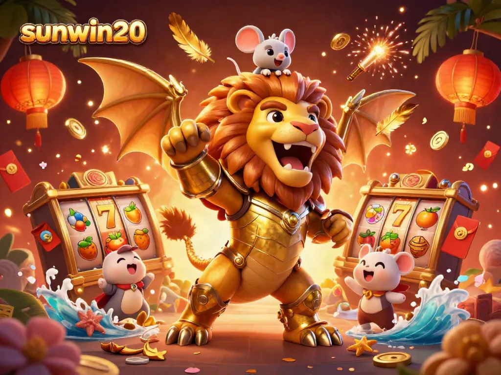 Experience thrilling gameplay with sunwin20 as the roaring chimera creature leads amidst vibrant slots and gaming elements.