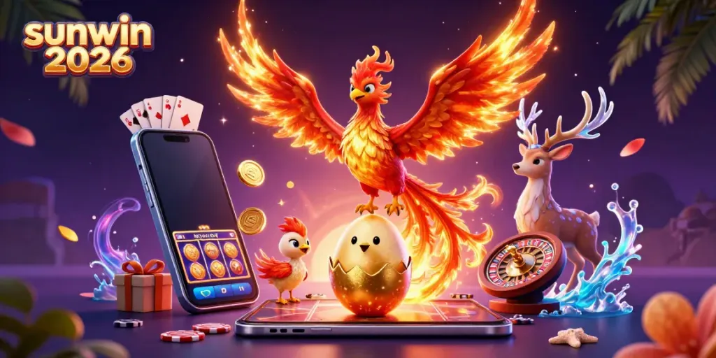 Experience the thrill of sunwin 2026 with a vibrant 3D scene featuring a phoenix and casino elements.