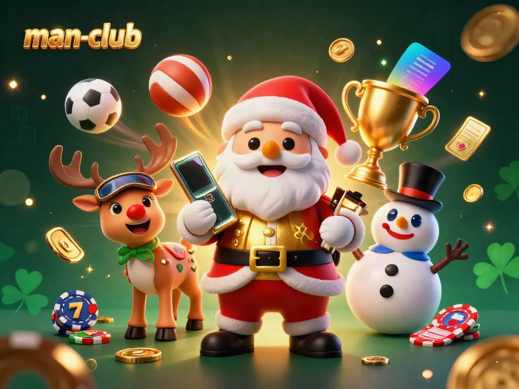 Experience the thrill of man-club with Santa and friends celebrating jackpot slots in a vibrant casino scene.