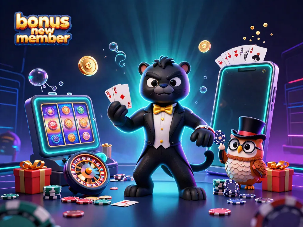 Showcasing the bonus new member benefits, a stylish panther deals cards with an owl and mouse in a vibrant casino setting.
