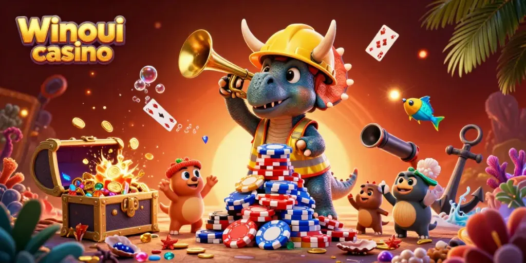 Le casino Winoui, une scène animée avec un tricératops et des éléments de jeu colorés.