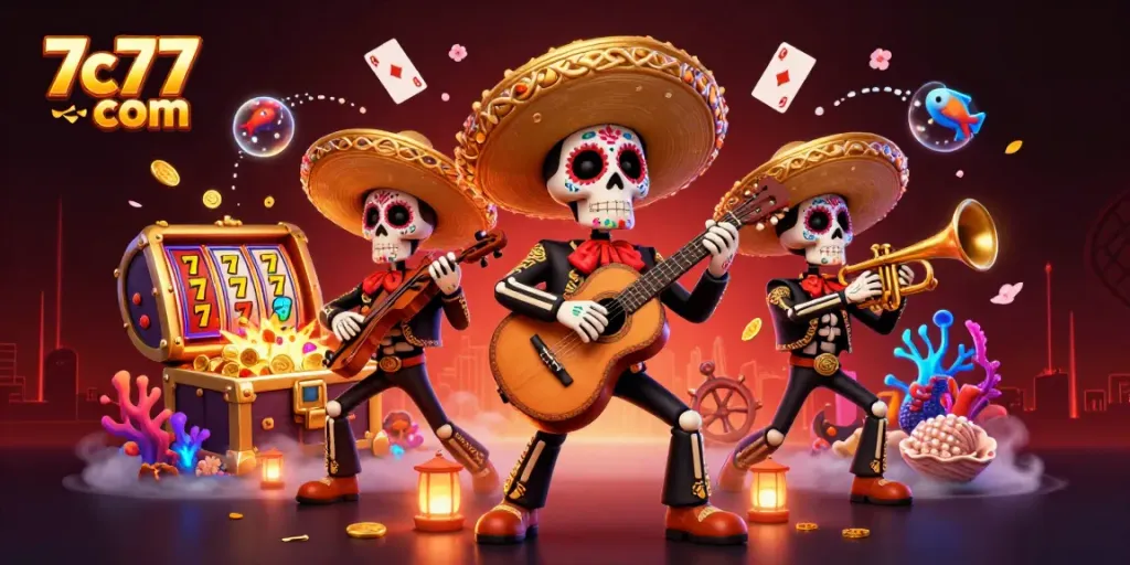 Experience vibrant gameplay at 7c77 com with a colorful Dia de los Muertos casino scene.