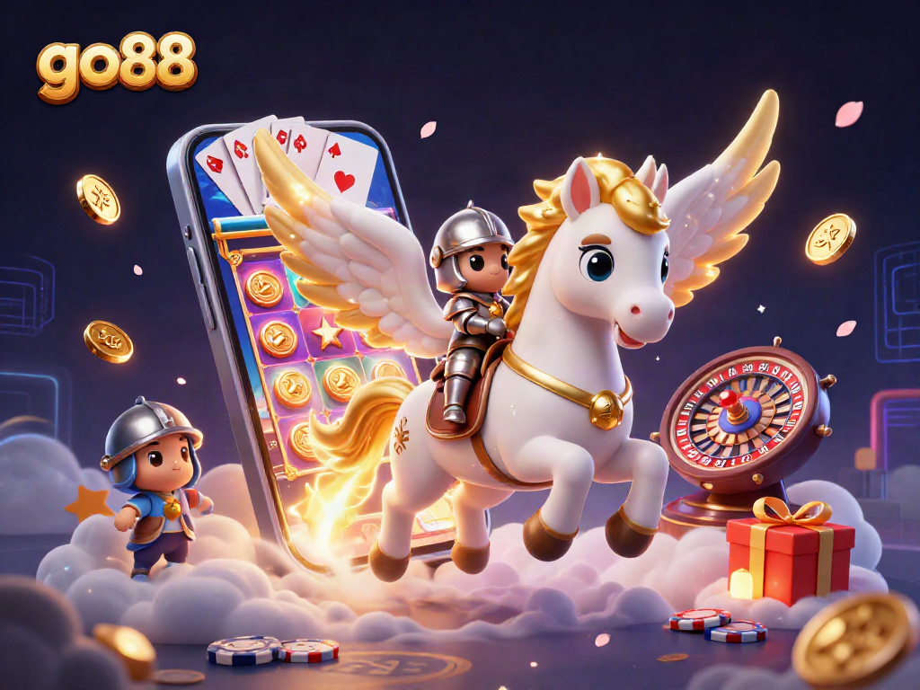 Experience exciting gameplay at go88 with a dynamic scene of a celestial horse and slot game elements.