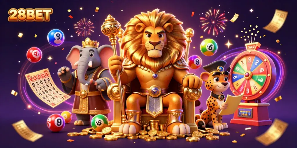Engage with 28BET's vibrant casino experience featuring a lion king, elephant advisor, and cheetah messenger.
