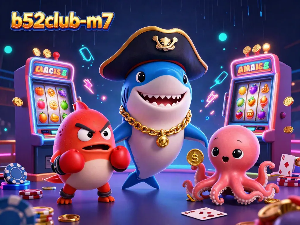 Spin to win with b52club-m7: Cartoon shark, pufferfish, and octopus celebrating casino jackpots.