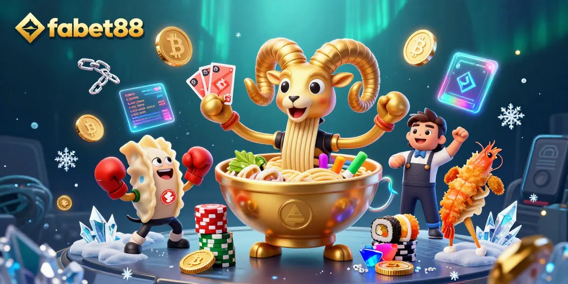Experience fabet88's vibrant casino world with a dynamic scene of a ramen bowl dealer, NFT coins, and sushi roll action.