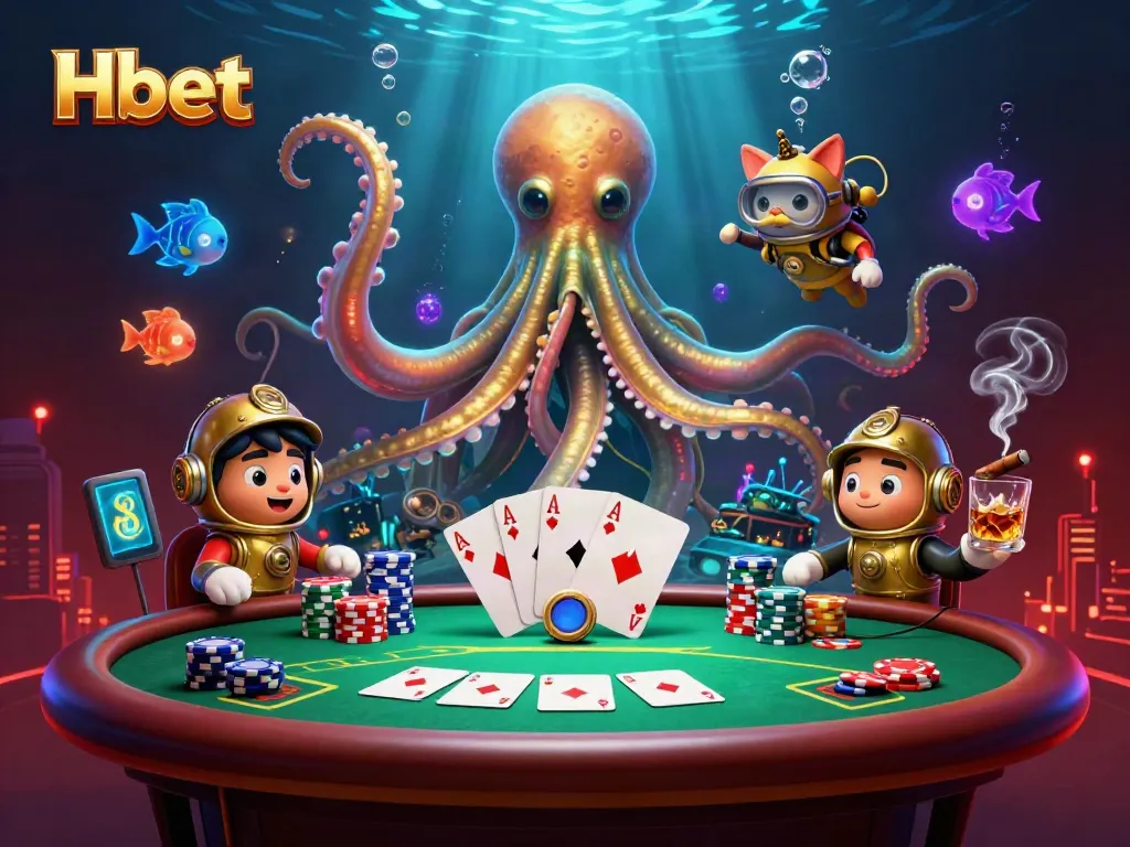 Play thrilling games with Hbet's vibrant casino illustration featuring a kraken and diving cat.