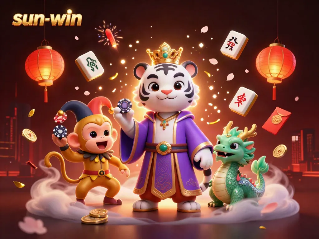 Experience sun-win with a vibrant scene showcasing a royal white tiger and playful monkey amidst gambling elements.