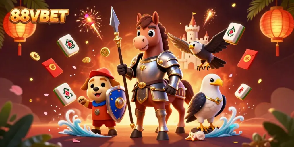 Experience the excitement of 88VBET with a dynamic medieval-themed casino scene showcasing vibrant elements and characters.