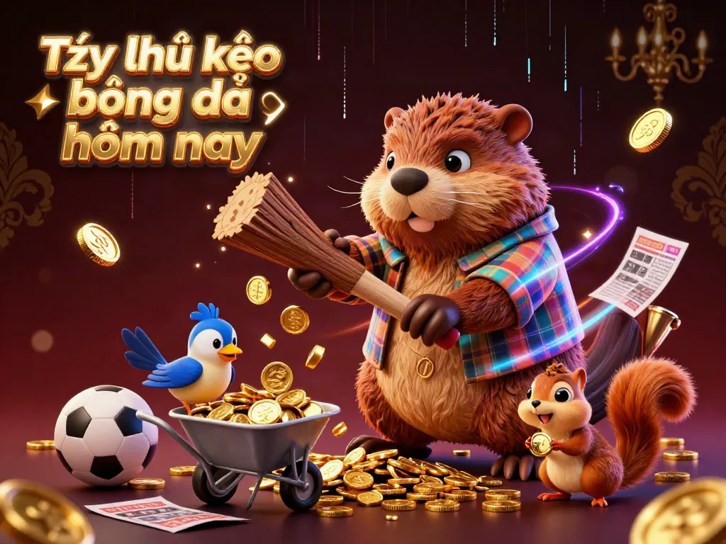 Experience Tỷ lệ kèo bóng đá hôm nay with dynamic sports-themed characters collecting coins and betting on games.