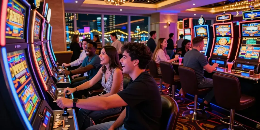 Slot mesin berwarna-warni dengan pemain bersemangat di kasino, suasana meriah dan penuh warna.