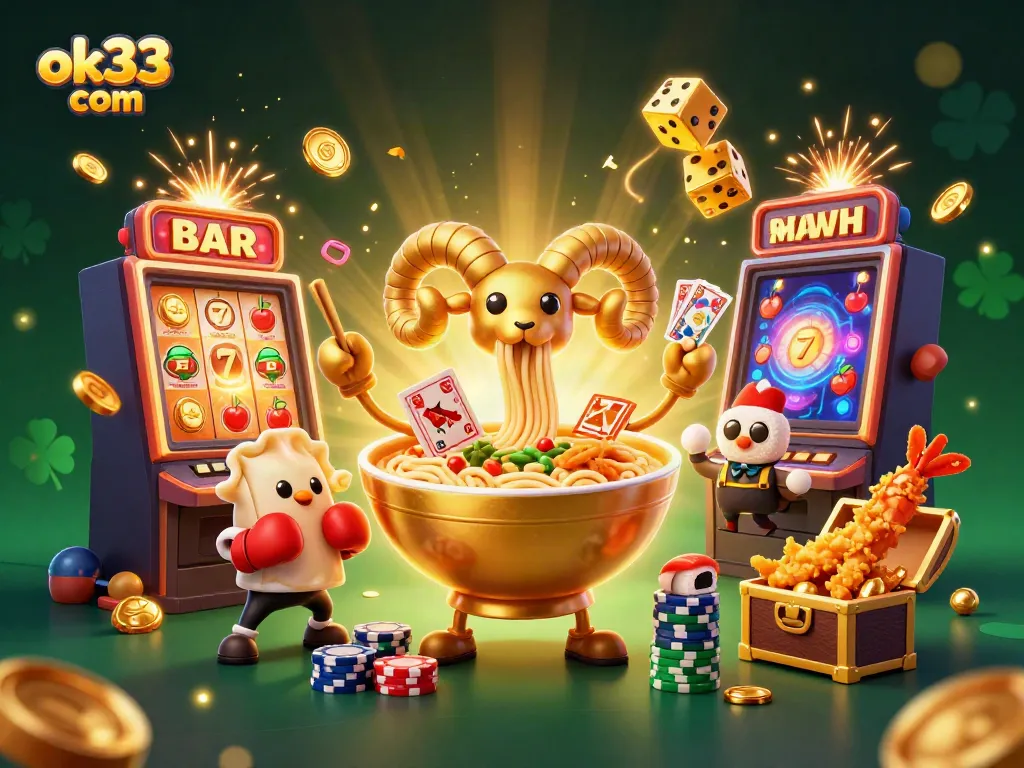 Experience the thrill of ok33 com with a vibrant casino-themed 3D illustration featuring exciting games and characters.