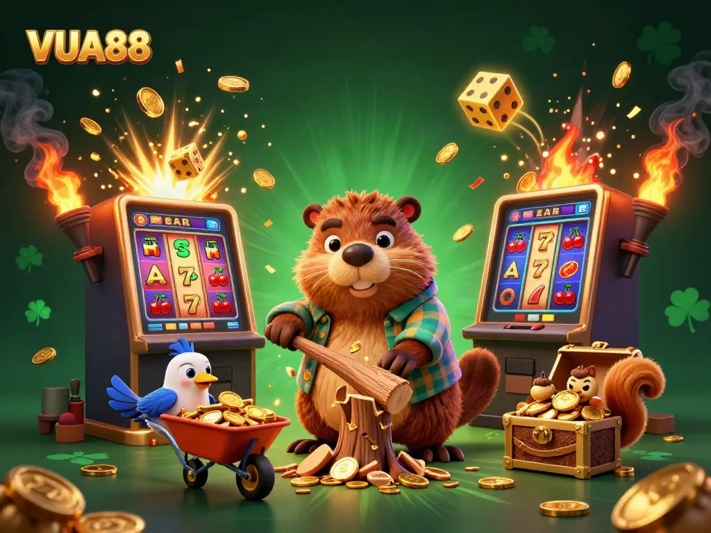 Engage with VUA88's exciting game scene featuring a fun 3D beaver character amidst jackpot elements.