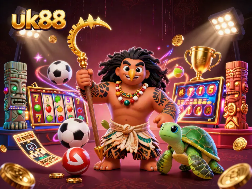 Play slots at uk88, featuring a Maui-style hawk, jackpot reels, and vibrant game elements.