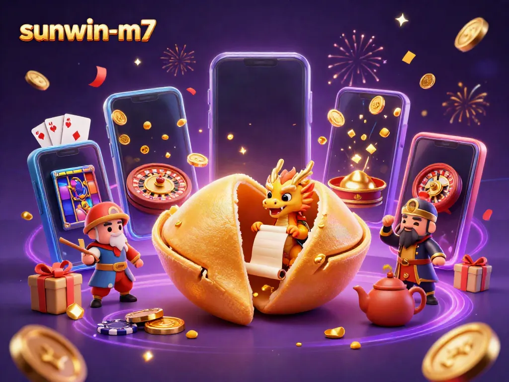 Experience excitement with sunwin-m7 in this vibrant illustration of a golden fortune cookie scene.