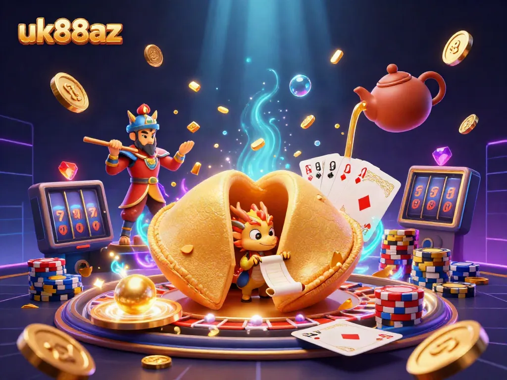 Engage with uk88az’s vibrant gaming scene featuring a giant fortune cookie, dragons, and dynamic casino elements.