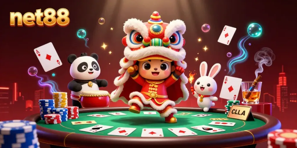 Engage in the vibrant world of net88 with a lively casino scene, showcasing a festive lion dance along with poker elements.
