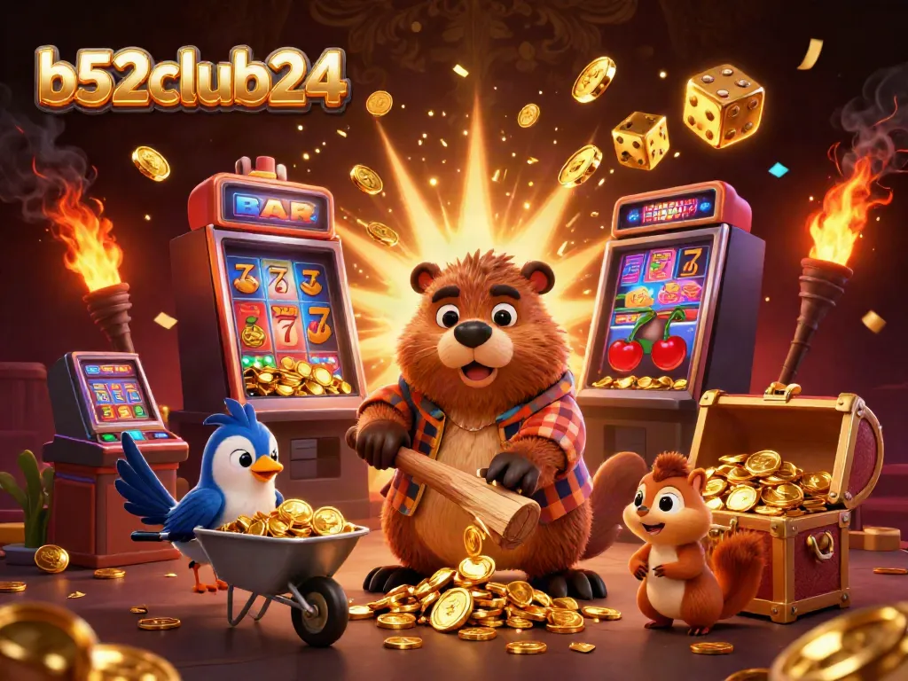 Experience the thrilling excitement at b52club24 with a lively scene of gaming characters and jackpot elements.