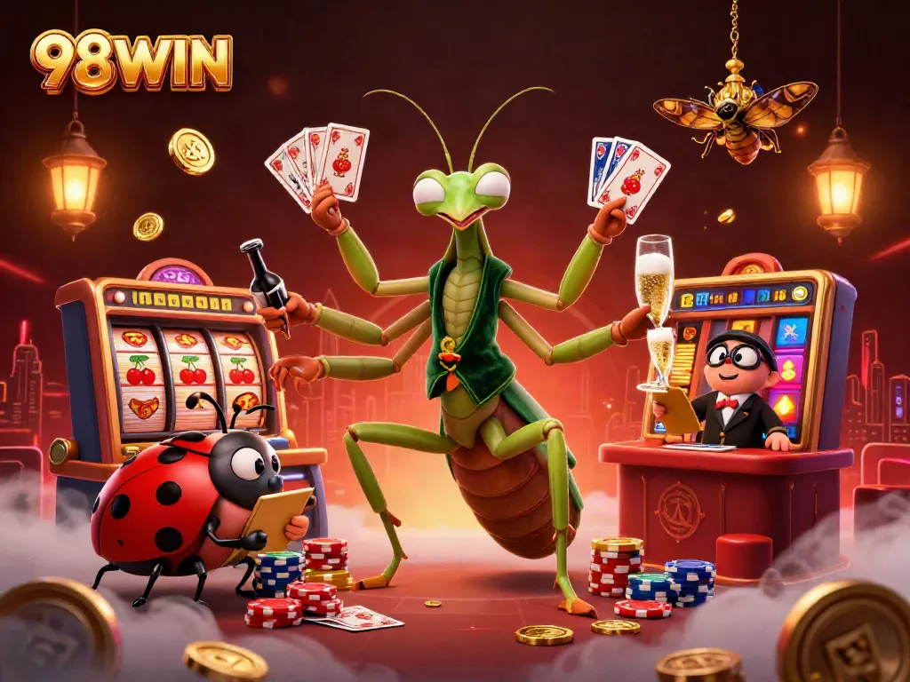 Experience the excitement of 98WIN with a vibrant casino scene featuring a giant mantis card sharp and ladybug pit boss.