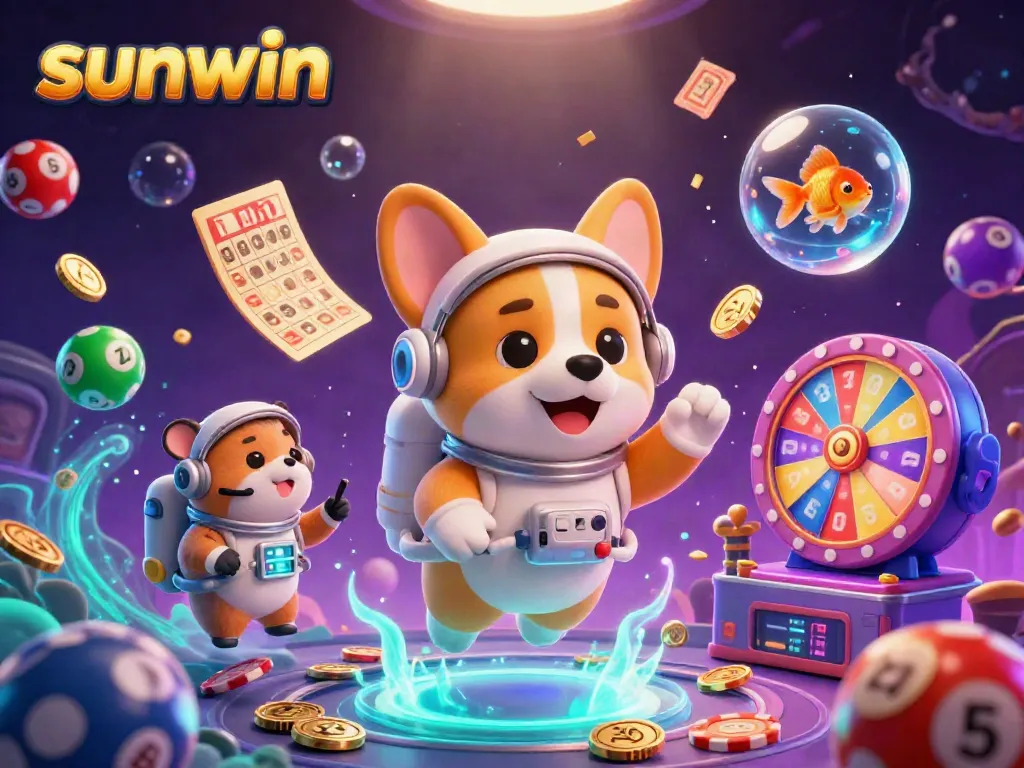 Experience the excitement of sunwin as a playful 3D astronaut corgi floats among golden coins and lottery elements in a vibrant casino scene.