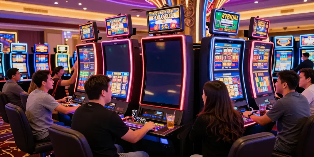 Les joueurs célébrant leurs gains à i24Slots Casino, machines à sous illuminées autour d'une ambiance luxueuse.