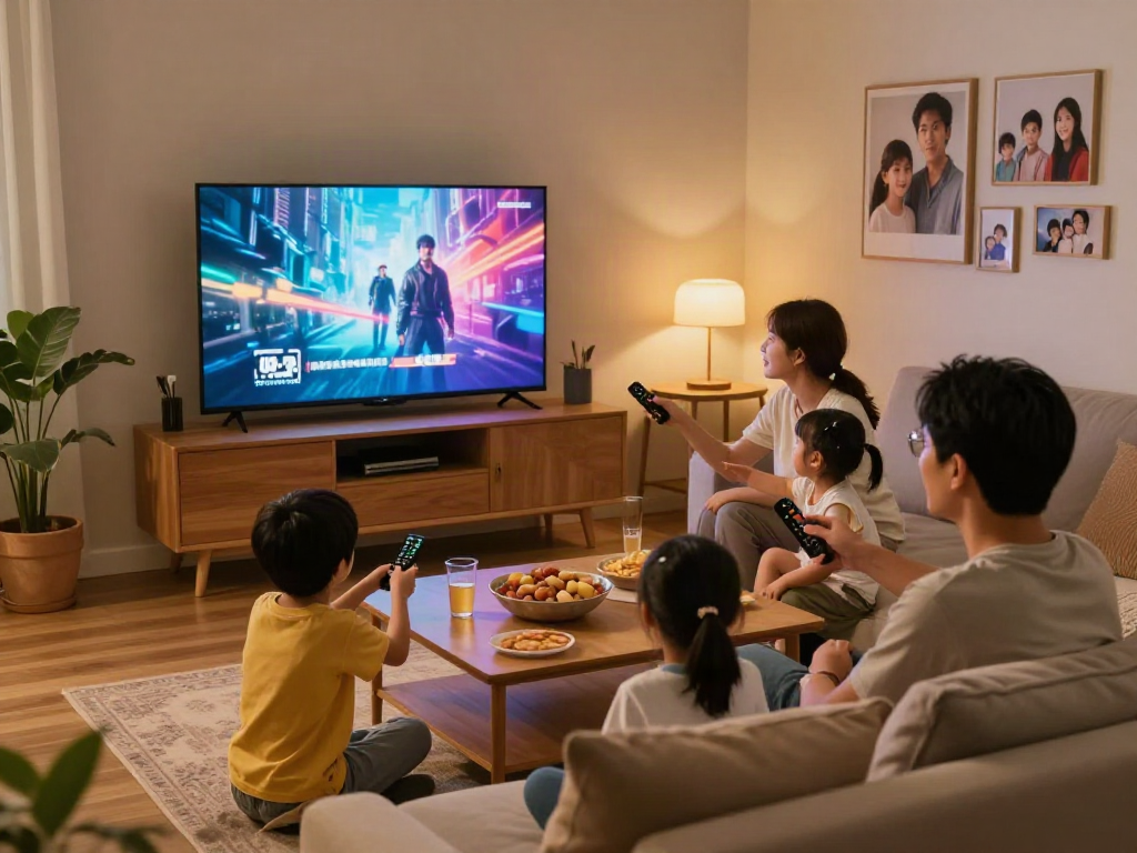 Scène de divertissement à domicile avec une famille profitant de l'Atlas pro ontv dans un salon chaleureux.